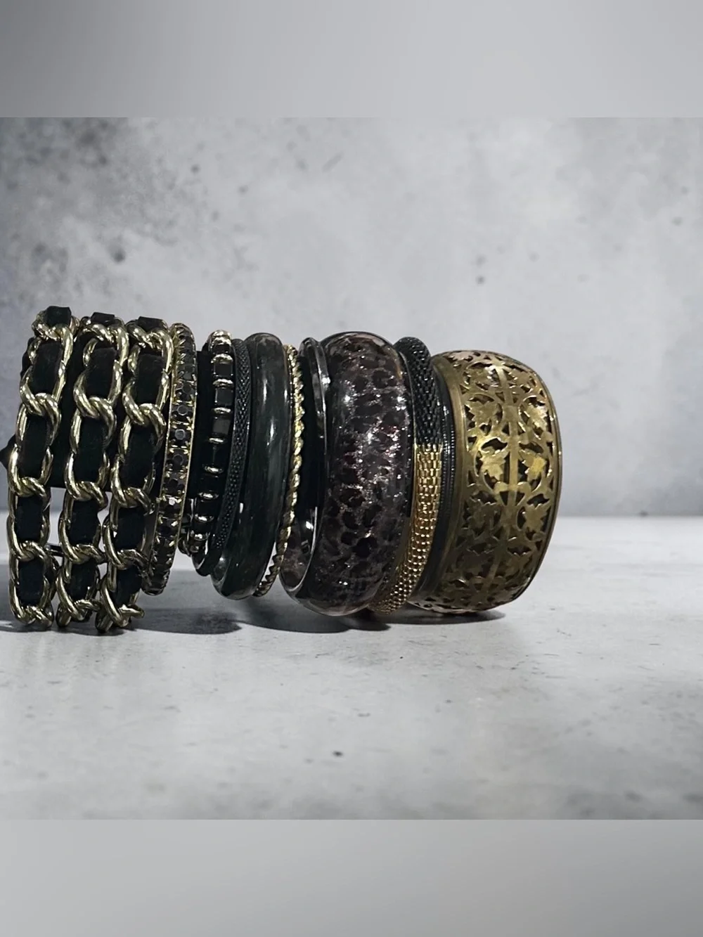Boho Black Gold Bangle Bracelet Stack Set Mixed Metal Rhinestone Leather Chain